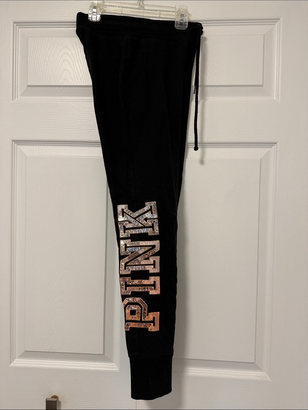 PINK Victoria's Secret Black Joggers with Pink Logo and Gold Sequin Lettering